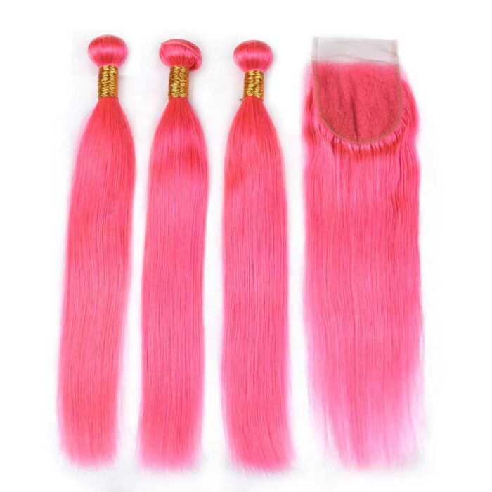 Beaudiva Pink Color Straight 3 Bundles With Lace Closure 100% Human Hair Bundles - Image 2