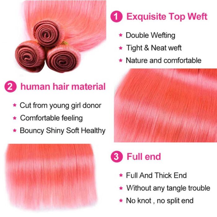 Beaudiva Pink Color Straight 3 Bundles With Lace Closure 100% Human Hair Bundles - Image 5